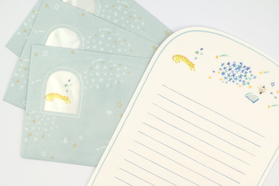 Ryu-Ryu x Honjo Ayako Letter Set - Pale Watercolor - Cat and Stars