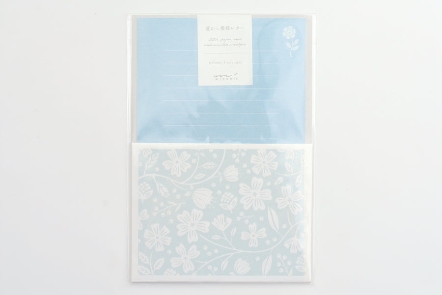Midori Watermark Letter Set - Floral Pattern - Light Blue