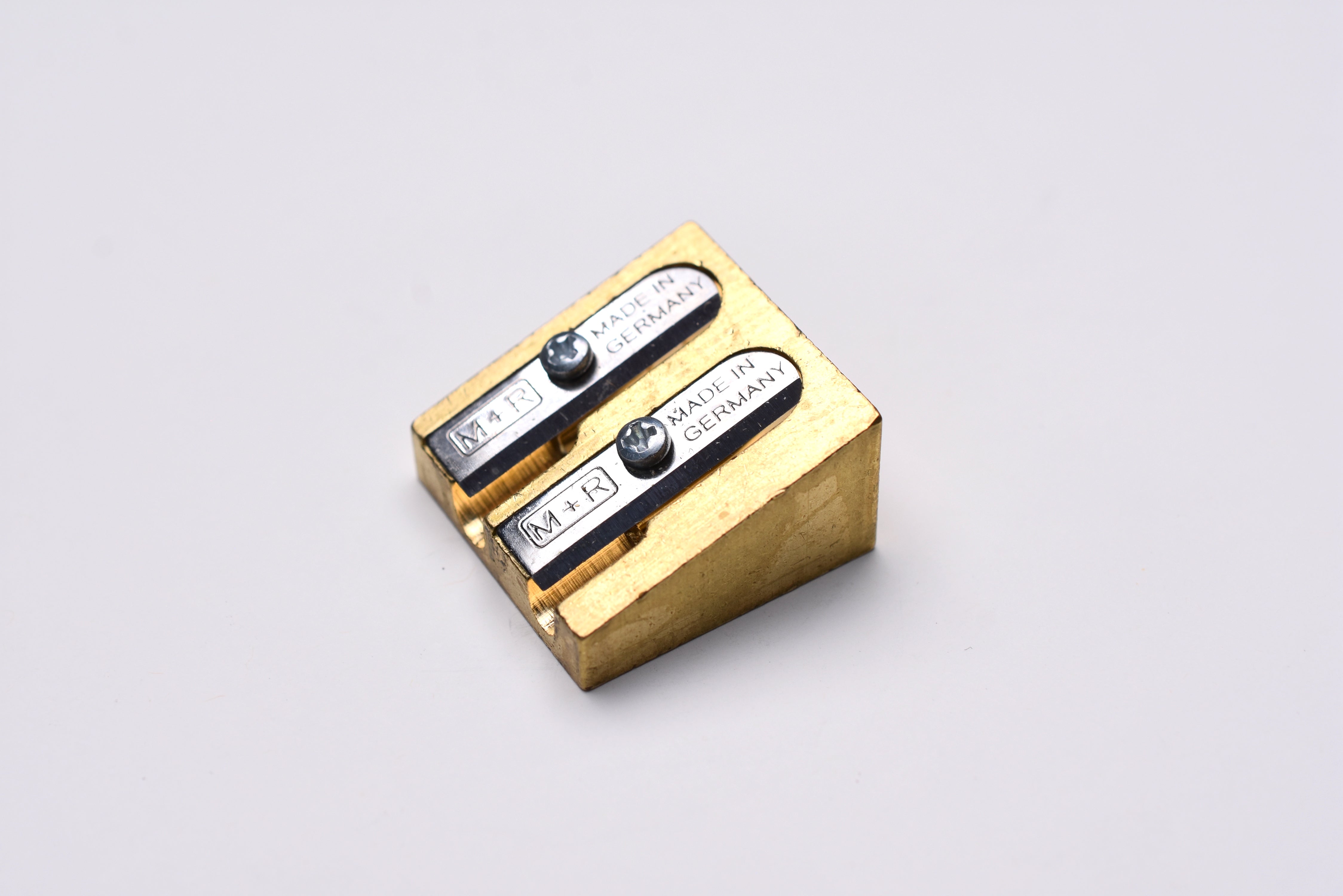 M+R Brass Wedge Double Hole Sharpener