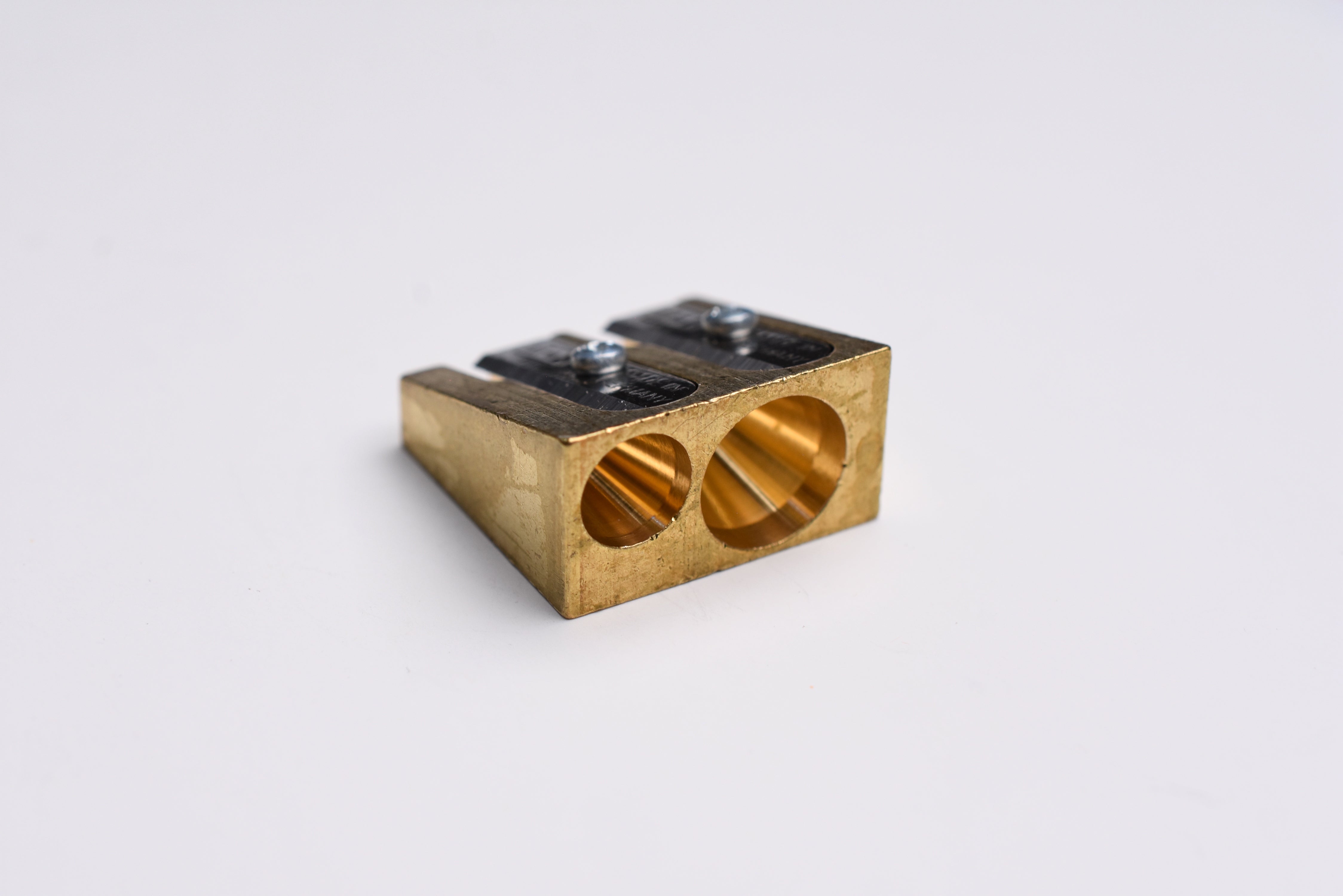 M+R Brass Wedge Double Hole Sharpener